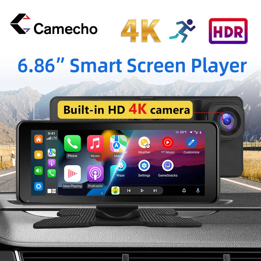 Camecho 무선 카플레이 안드로이드 오토, 4K 터치 스크린, 블루투스 애플 에어플레이 백 카메라 DVR, 도요타 혼다 현대용, 6.86 인치
