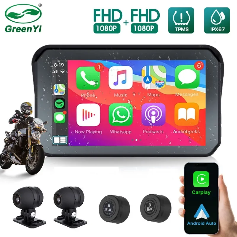 GreenYi 오토바이 Carplay 방수 1080P 5 인치 WiFi 무선 안드로이드-자동 DVR 모니터 대시 캠 GPS 네비게이션 TPMS