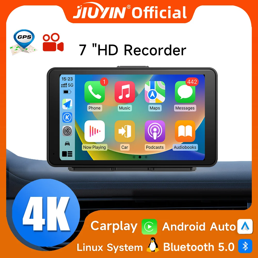 JIUYIN 범용 4K 대시 운전 녹음기 카메라, 카플레이 및 안드로이드 자동 스마트 플레이어, 음성 제어 대시 캠 포함, 7 인치