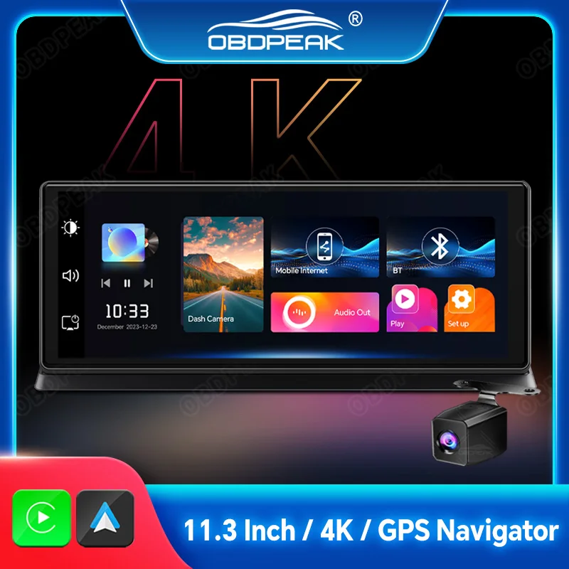 K2 프로 대시 캠, 4K 2160P DVR 카플레이 및 안드로이드 자동 GPS 내비게이션, 비디오 녹음기 대시 보드, 5G WiFi AUX, 11.3 인치 후방 카메라