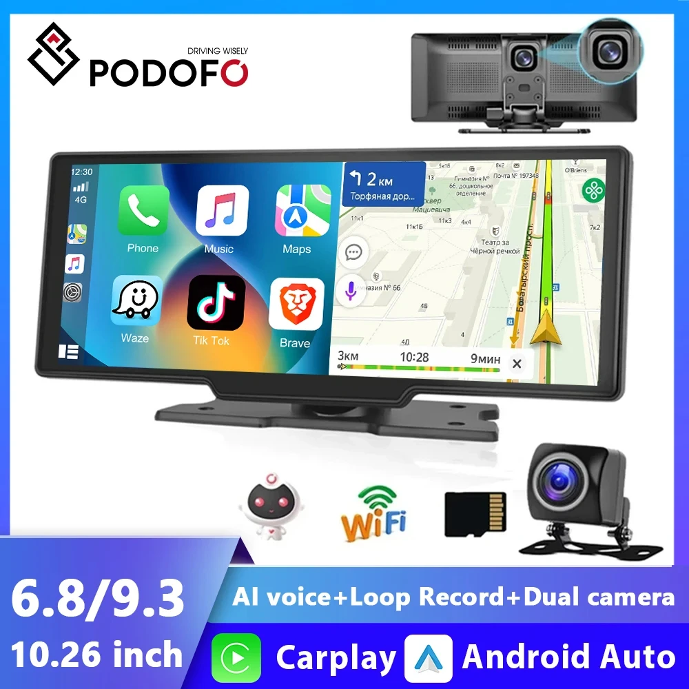 Podofo 자동차 미러 비디오 녹화 무선 카플레이 모니터, 안드로이드 자동 대시보드 DVR, GPS 내비게이션, 10.26 인치, 6.86 인치, 9.3 인치