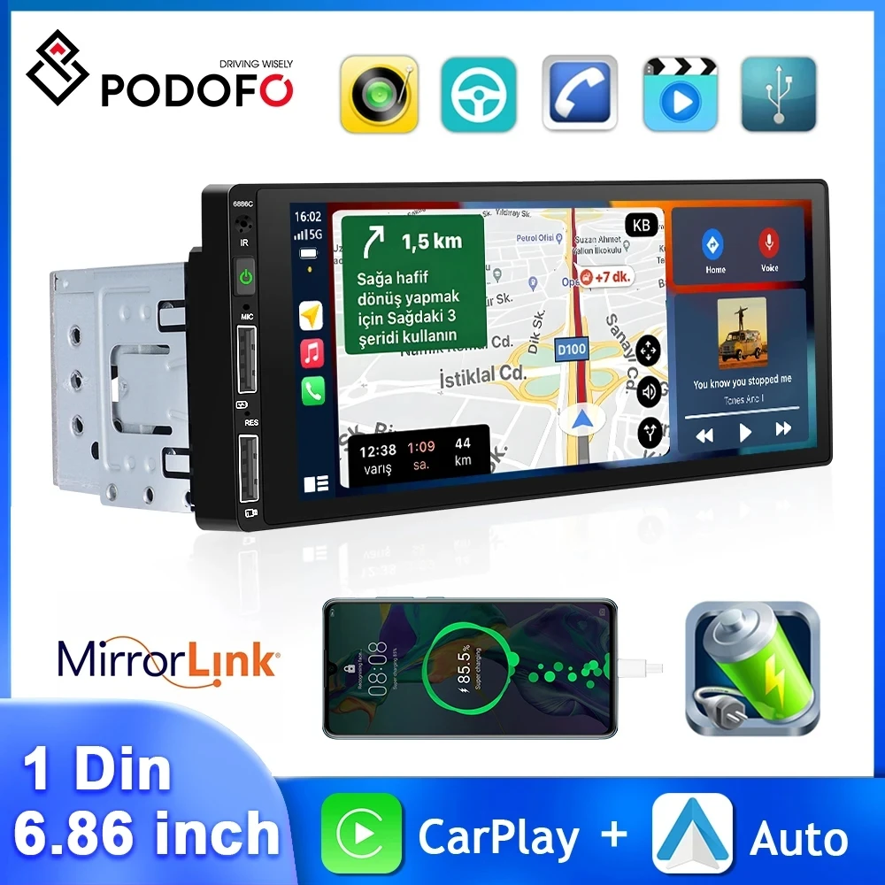 Podofo 차량용 라디오, 6.86 인치 MP5 플레이어, 유선 카플레이, 안드로이드, 자동차 범용 멀티미디어 플레이어, 미러 링크, 자동차 스테레오, 1 Din