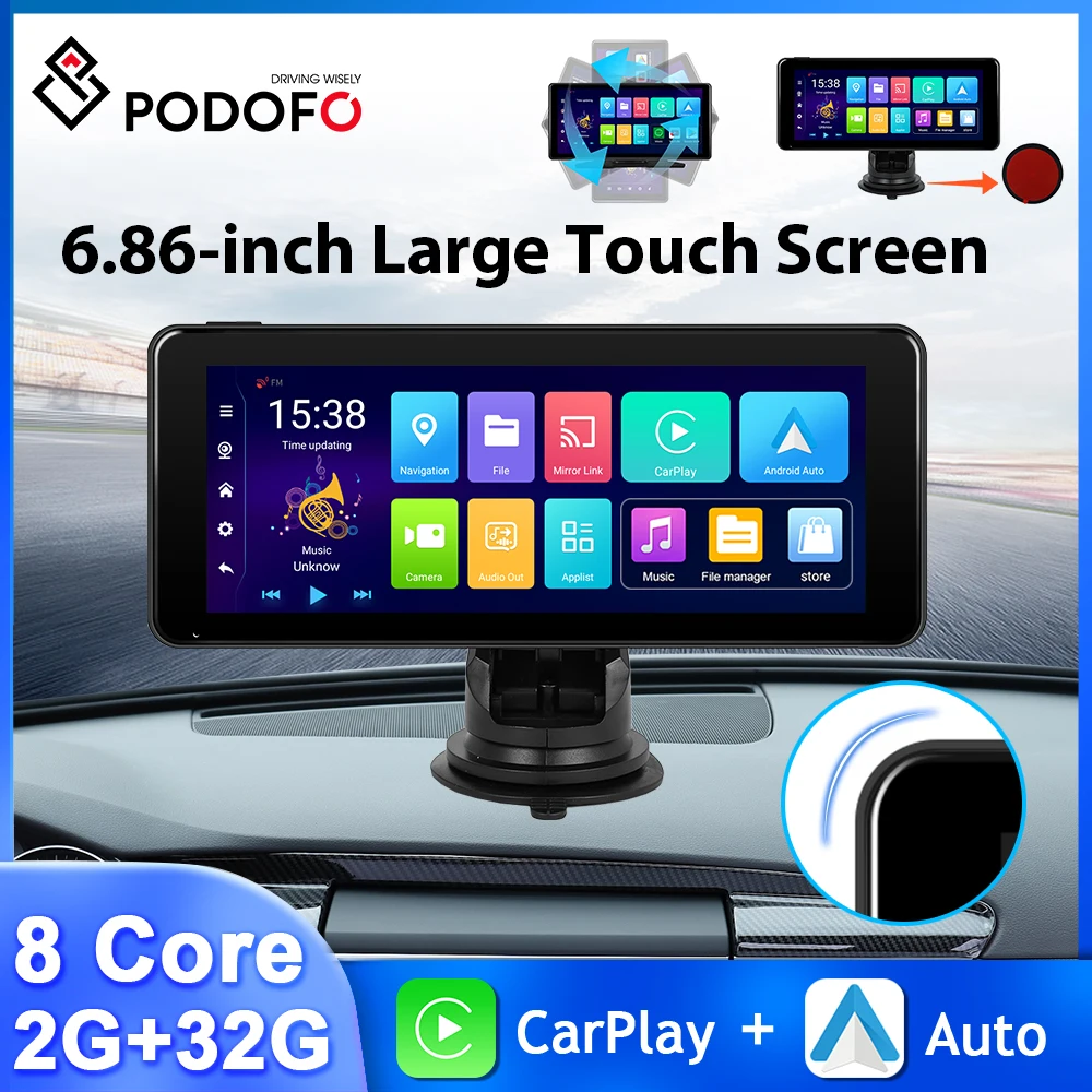 Podofo 안드로이드 6.86 인치 자동차 모니터, 와이파이 2 + 32G 카플레이, 안드로이드 자동 대시 보드 대시 캠, 2.5D 터치 스크린, GPS FM AUX 스마트 플레이어