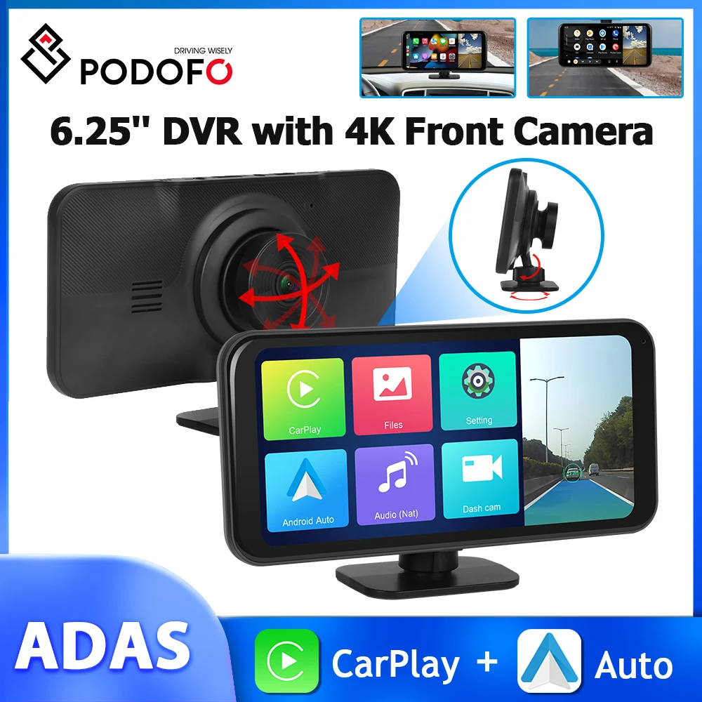 Podofo 자동차 모니터 대시 보드 카플레이, 안드로이드 자동 4K 전면 카메라, 나이트 비전, 블루투스 운전 녹음기, 와이파이 대시 캠, 6.25 인치