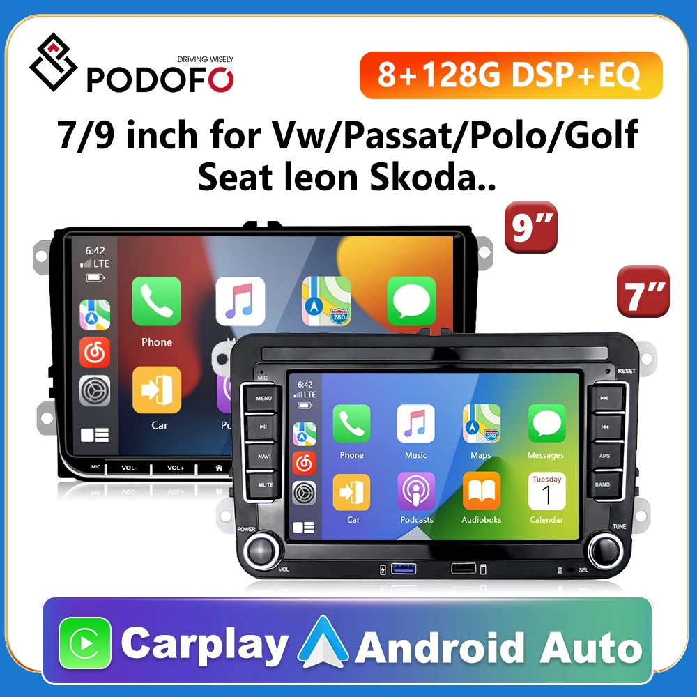 Podofo 차량용 GPS 라디오 카플레이, 폭스바겐 골프 스코다 파사트 B6 티구안 스코다 좌석 옥타비아 와이파이 플레이어, 2Din, 7 인치, 9 인치, 안드로이드 11