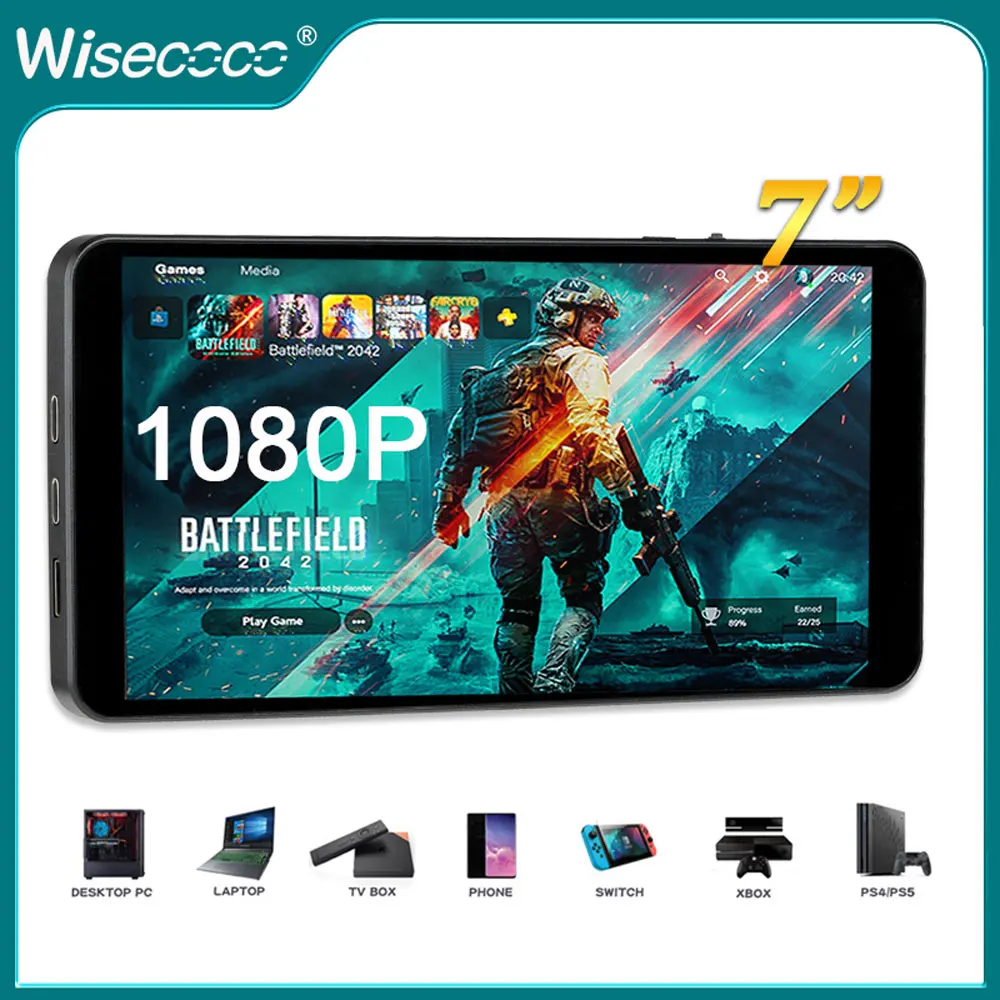 Wisecoco 노트북 PC 맥 폰 PS4 Xbox용 게이밍 모니터, USB-C HDMI 보조 외부 모니터, 1080P FHD IPS 터치 스크린, 7 인치