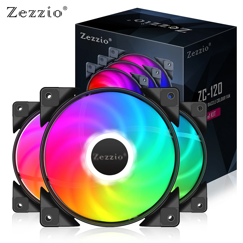 ZEZZIO ZC-120 케이스 팬, 조용한 CPU 쿨러 팬, LED 3 핀 및 몰 렉스 포트, 6 색 눈부심 컬러 컴퓨터 PC 케이스 팬, 120mm, 3 인 1